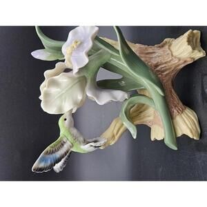 Vintage Glazed Porcelain Hummingbird & Iris Figurine Large 6" x 6" Sculpture